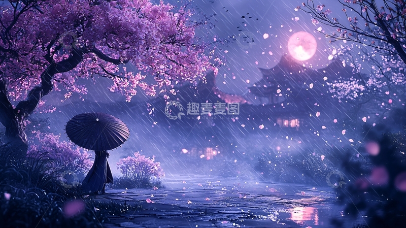 高清大图下载【趣麦麦图】紫色樱花树下的梦幻场景