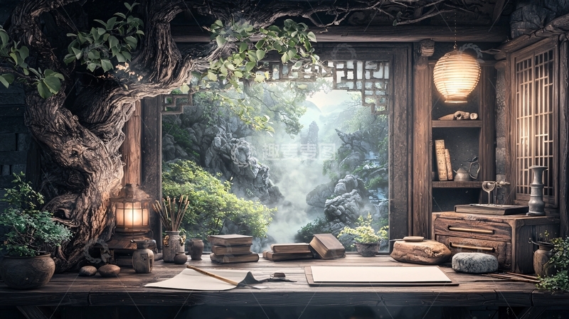 古风书房窗外风景