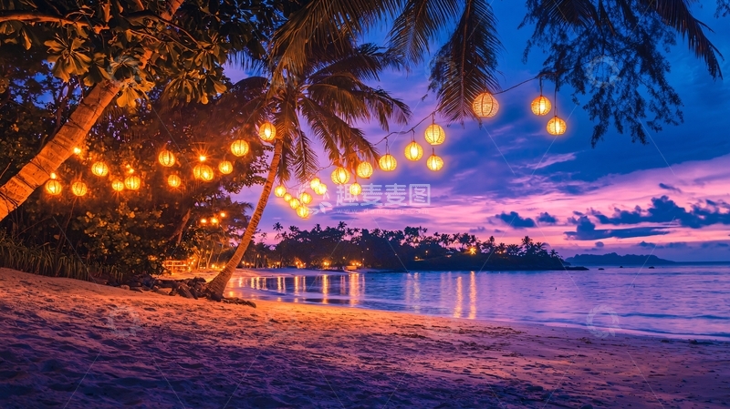 高清大图下载【趣麦麦图】海边夜晚灯光浪漫场景