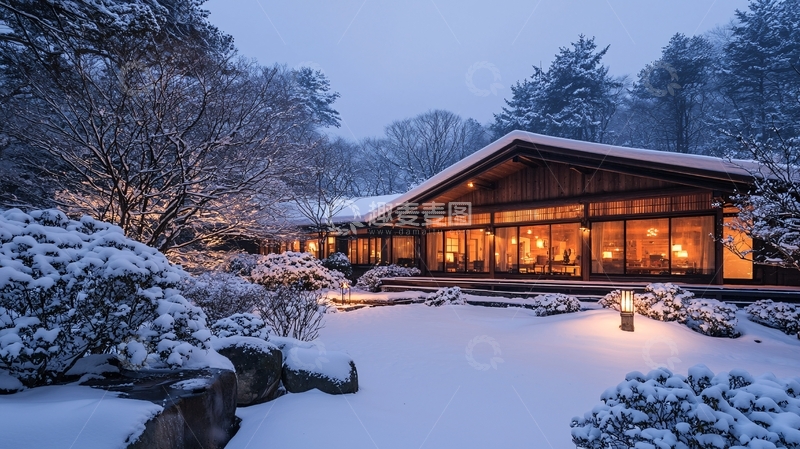 高清大图下载【趣麦麦图】雪中日式小屋夜景