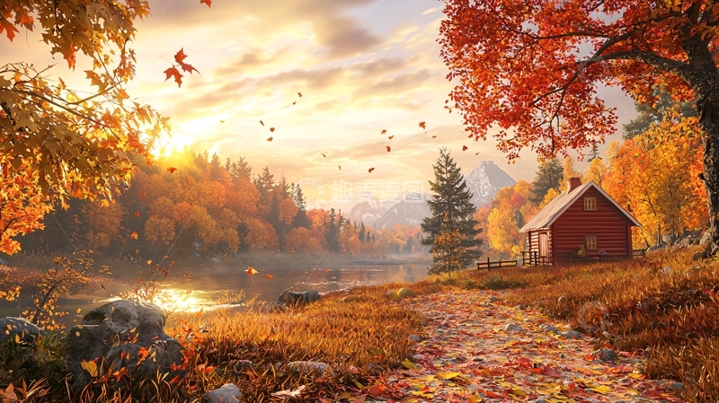 高清大图下载【趣麦麦图】秋日森林小屋景色