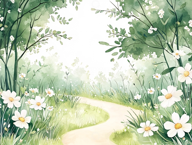 高清大图下载【趣麦麦图】水彩森林小路阳光