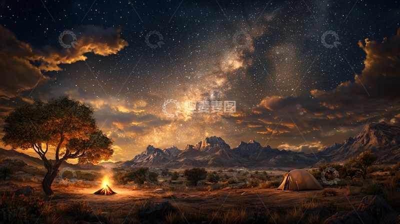 高清大图下载【趣麦麦图】篝火星空下的宁静夜色