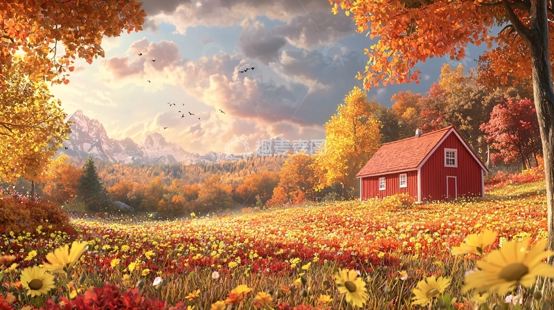 高清大图下载【趣麦麦图】秋日田园风光小房子