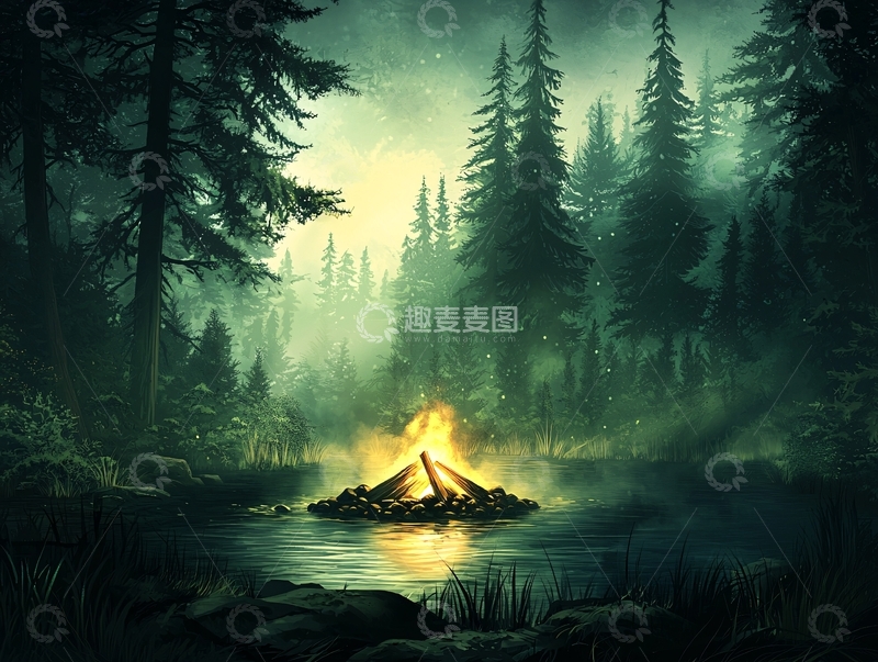 高清大图下载【趣麦麦图】森林中的篝火之夜