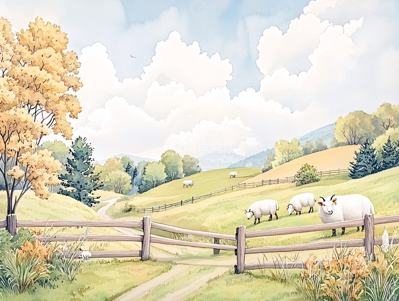 高清大图下载【趣麦麦图】田园风光水彩画