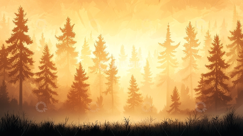 高清大图下载【趣麦麦图】金黄色雾气笼罩的森林