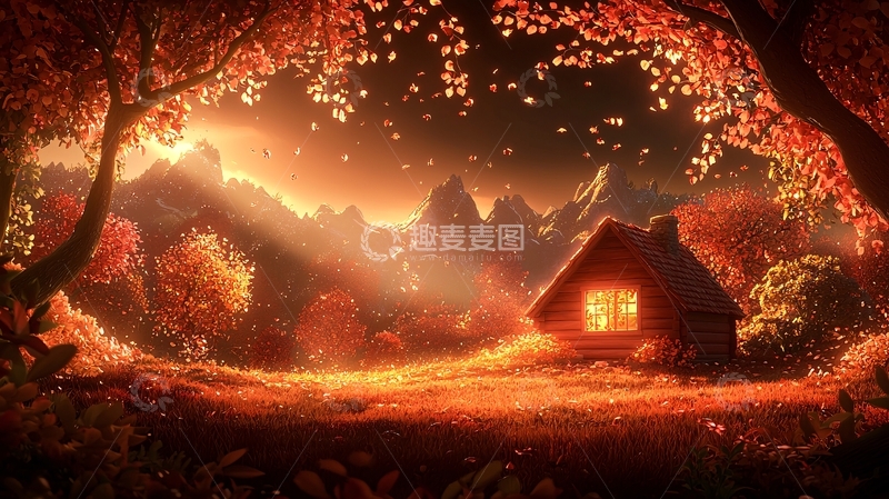 高清大图下载【趣麦麦图】秋日森林小屋暖光