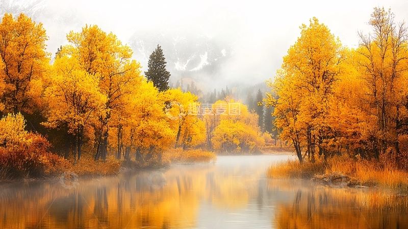 高清大图下载【趣麦麦图】秋日金色树木倒影在水面