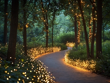 夜晚被灯光点亮的林间小路