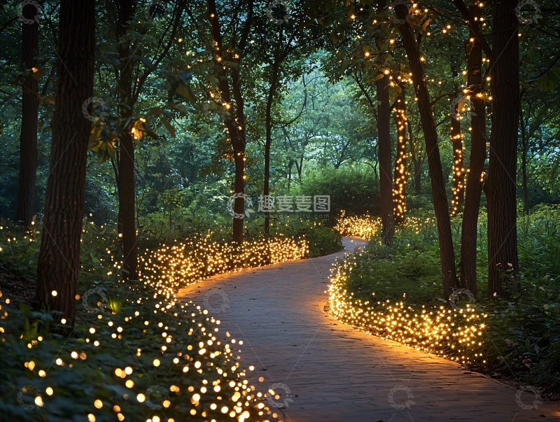 高清大图下载【趣麦麦图】夜晚被灯光点亮的林间小路