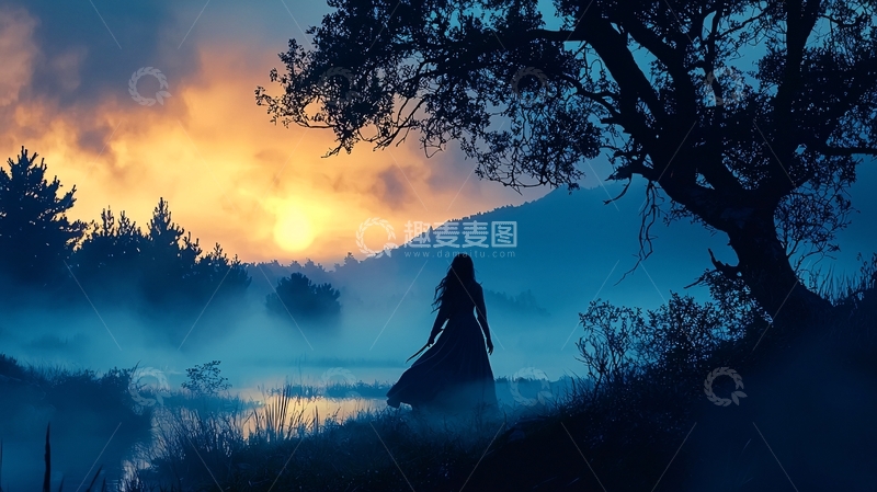 高清大图下载【趣麦麦图】孤身女子剪影凝望日落