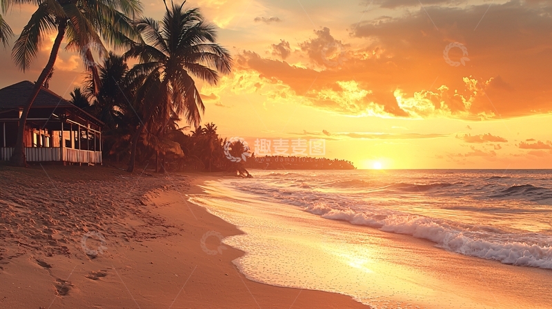高清大图下载【趣麦麦图】海滩日落椰树金色阳光