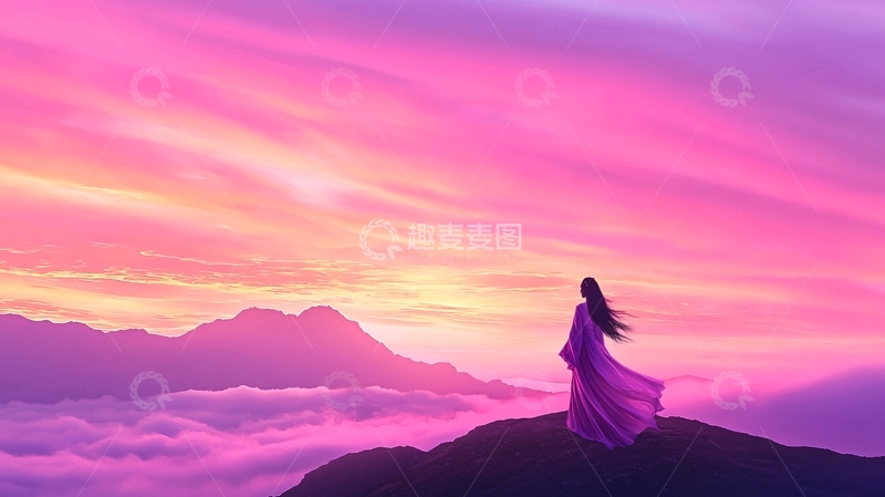 高清大图下载【趣麦麦图】紫色天空下的女性剪影