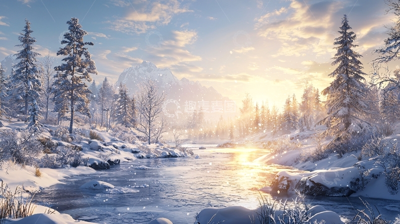 高清大图下载【趣麦麦图】冬日雪景河流森林