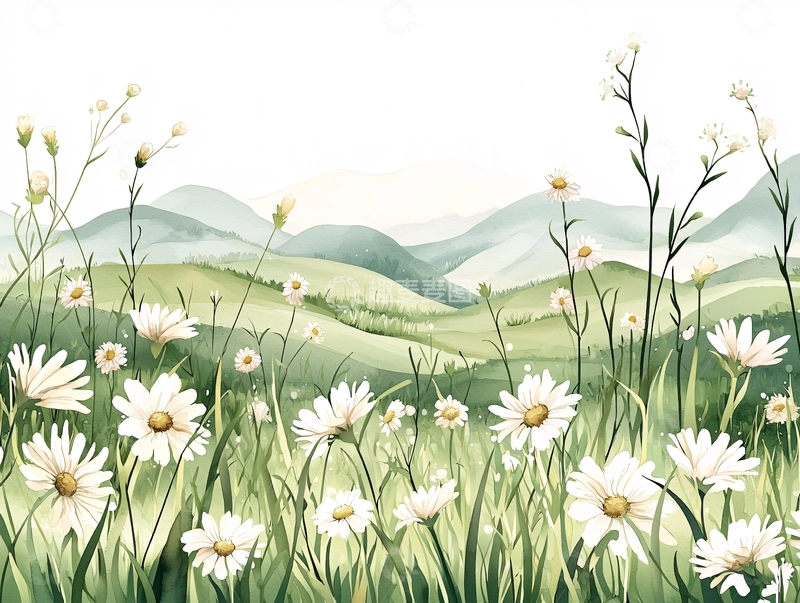 高清大图下载【趣麦麦图】雏菊花田与远山