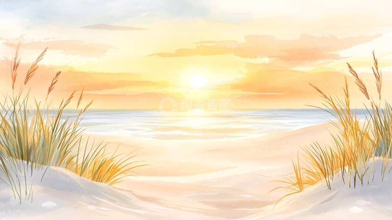 高清大图下载【趣麦麦图】宁静海滩日落景色