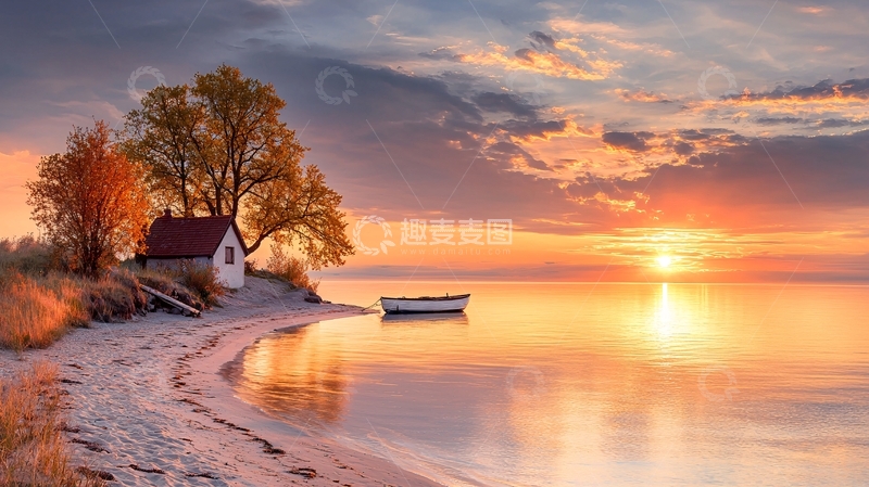 高清大图下载【趣麦麦图】海边日落小木屋