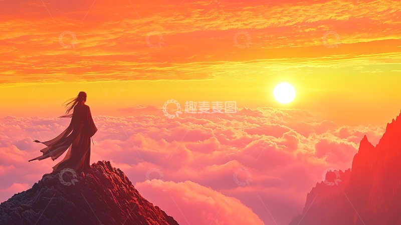 高清大图下载【趣麦麦图】山顶观日出的人