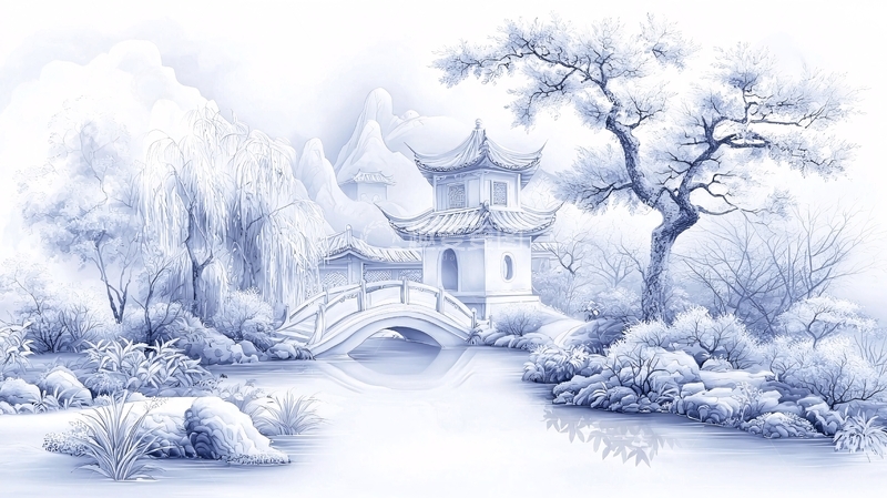 高清大图下载【趣麦麦图】水墨风雪景中的亭台楼阁