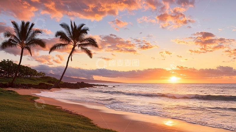 高清大图下载【趣麦麦图】热带海滩日落椰树风景