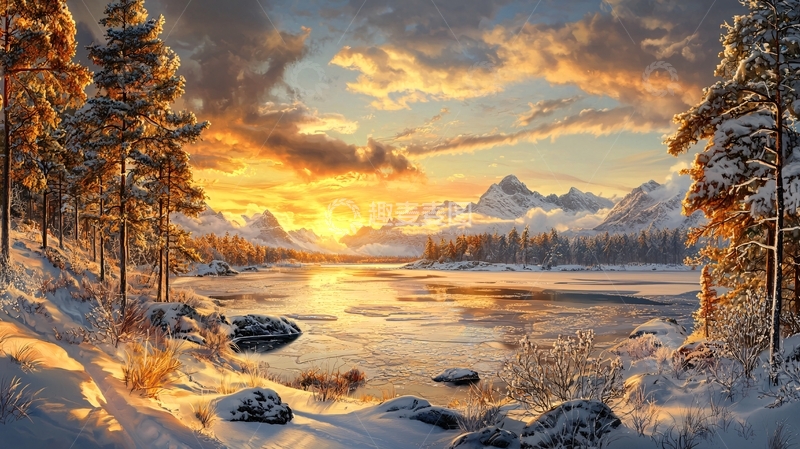 高清大图下载【趣麦麦图】冰雪覆盖的湖面在日出时分