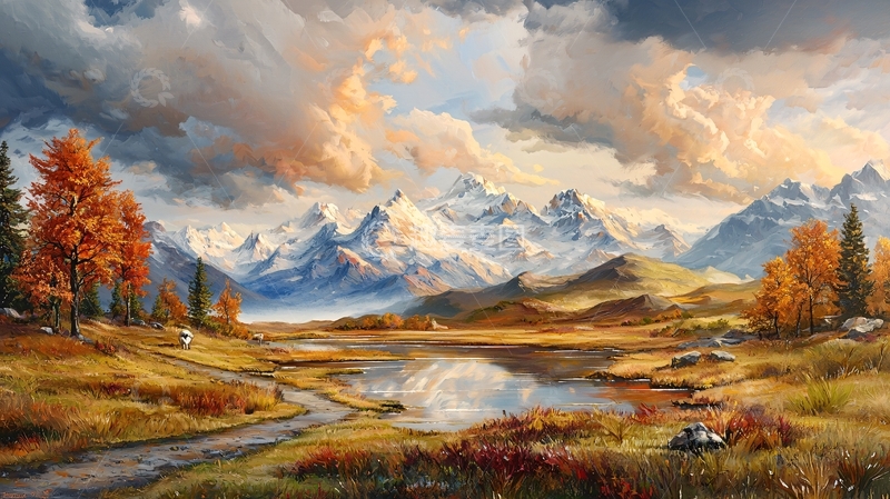 高清大图下载【趣麦麦图】秋日雪山湖泊风景油画