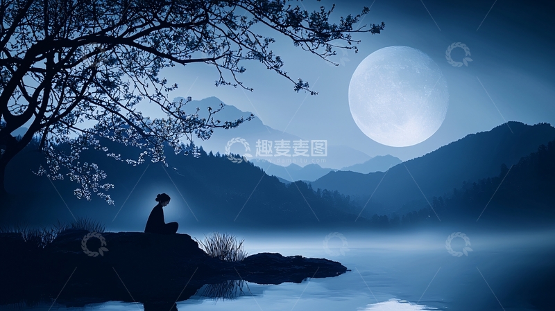 高清大图下载【趣麦麦图】月夜湖边高清图片