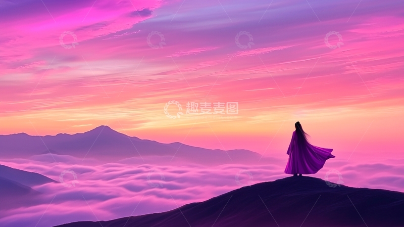 高清大图下载【趣麦麦图】粉色天空下的孤独身影