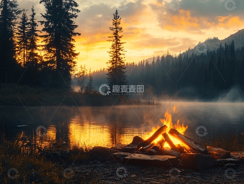 高清大图下载【趣麦麦图】宁静湖畔的篝火黄昏