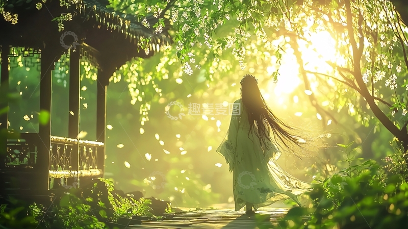 高清大图下载【趣麦麦图】绿意盎然的仙境少女背影