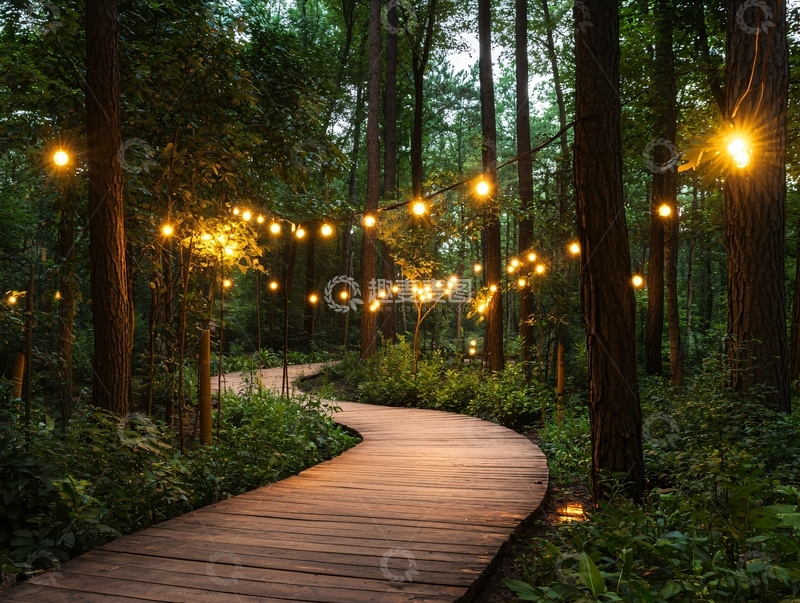 高清大图下载【趣麦麦图】森林里的灯光小路
