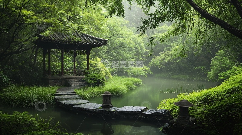 高清大图下载【趣麦麦图】绿树成荫的东方庭院