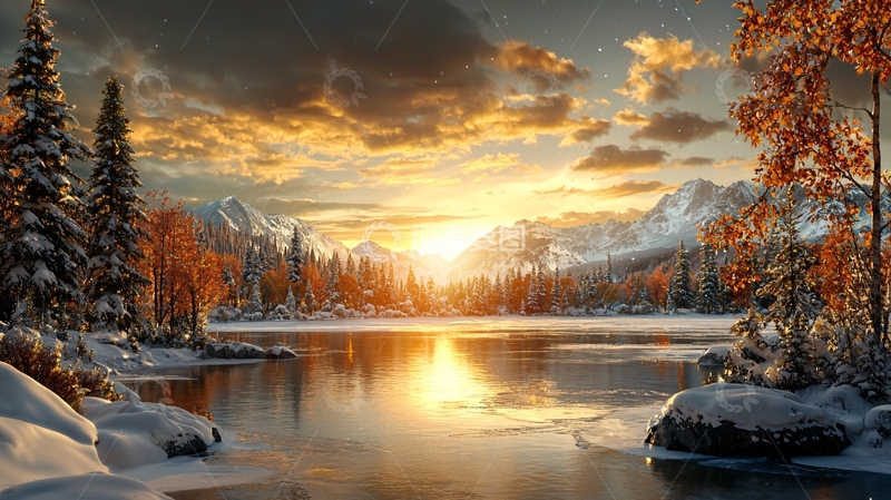 高清大图下载【趣麦麦图】金色日落下的湖面森林