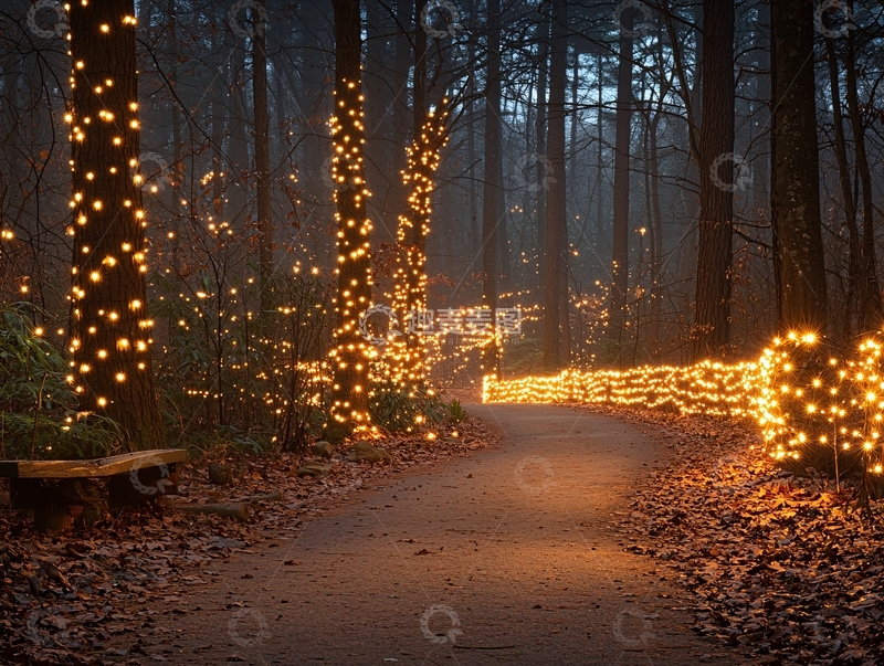 高清大图下载【趣麦麦图】森林小路夜景灯光
