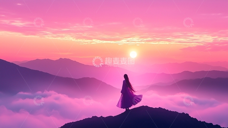 高清大图下载【趣麦麦图】粉色山顶剪影女子