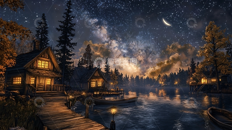 高清大图下载【趣麦麦图】夜空下的湖边小屋