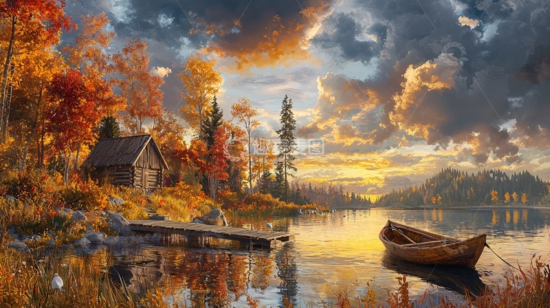 高清大图下载【趣麦麦图】秋季湖畔小屋风景如画