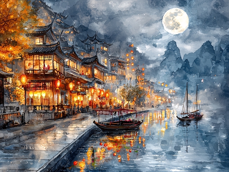 高清大图下载【趣麦麦图】水墨风小镇夜景