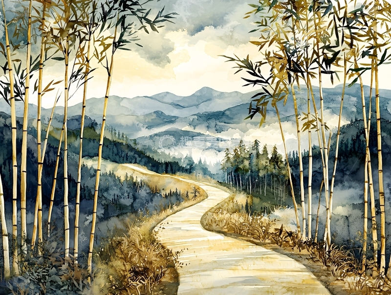 高清大图下载【趣麦麦图】水墨山水竹林小路