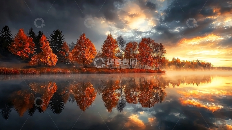 高清大图下载【趣麦麦图】湖面秋色倒影