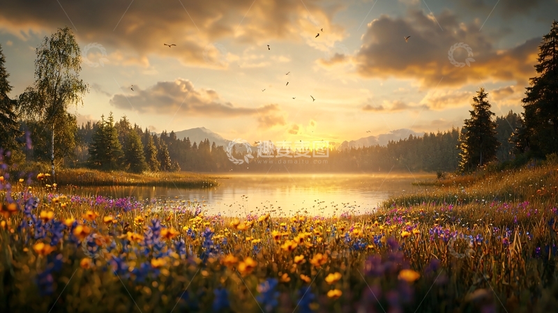 高清大图下载【趣麦麦图】宁静湖面夕阳美景