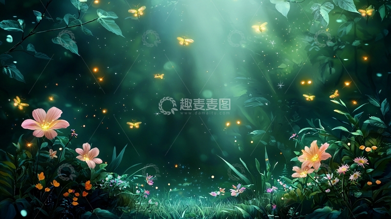 高清大图下载【趣麦麦图】梦幻森林光芒蝴蝶花朵