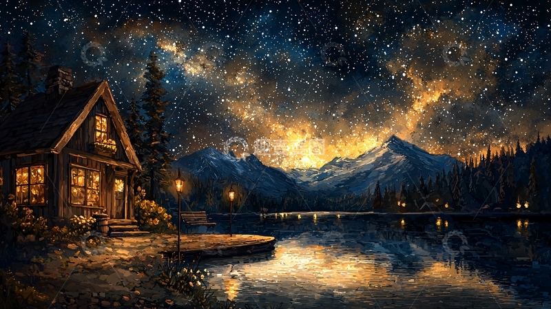 高清大图下载【趣麦麦图】湖边小屋星空夜景