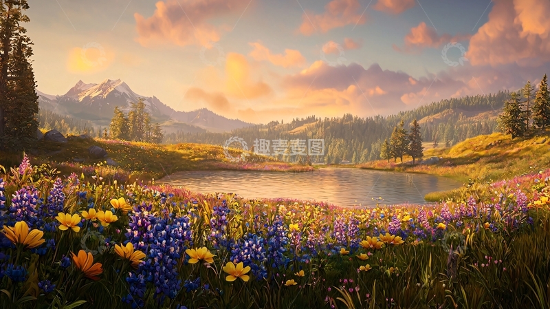 高清大图下载【趣麦麦图】宁静的湖畔花田美景