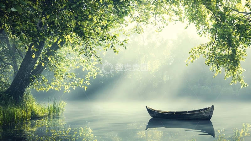 高清大图下载【趣麦麦图】雾中湖面小船