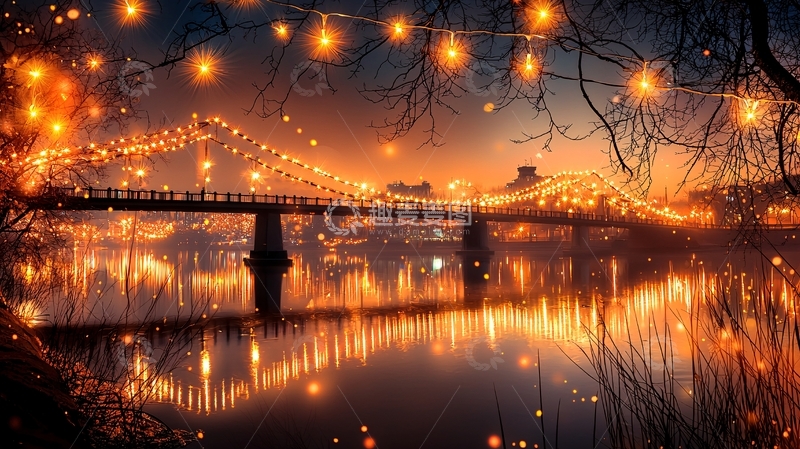 高清大图下载【趣麦麦图】夜晚的桥梁灯光倒影