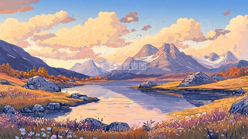 高清大图下载【趣麦麦图】宁静湖面山脉的绘画