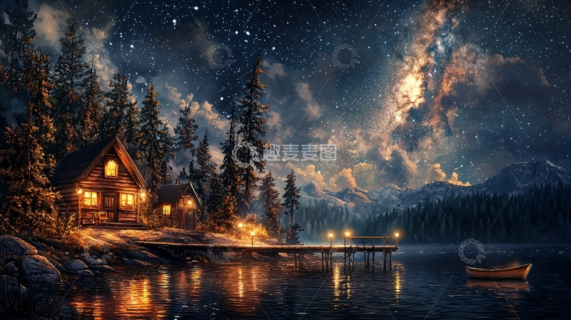 高清大图下载【趣麦麦图】夜晚湖边小屋星空