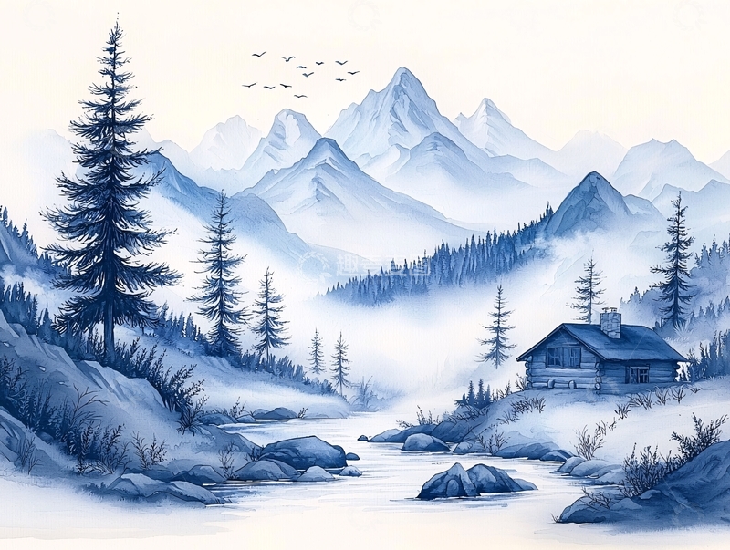 高清大图下载【趣麦麦图】水墨山水小屋风景画